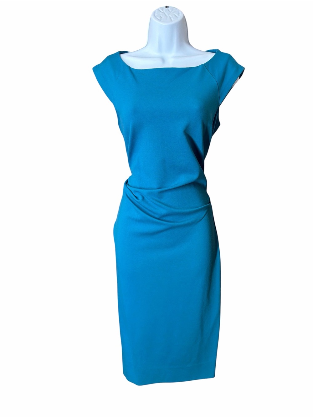 Diane Von Furstenberg Teal Cap Sleeve Ruched Midi Sheath Dress Size 4
